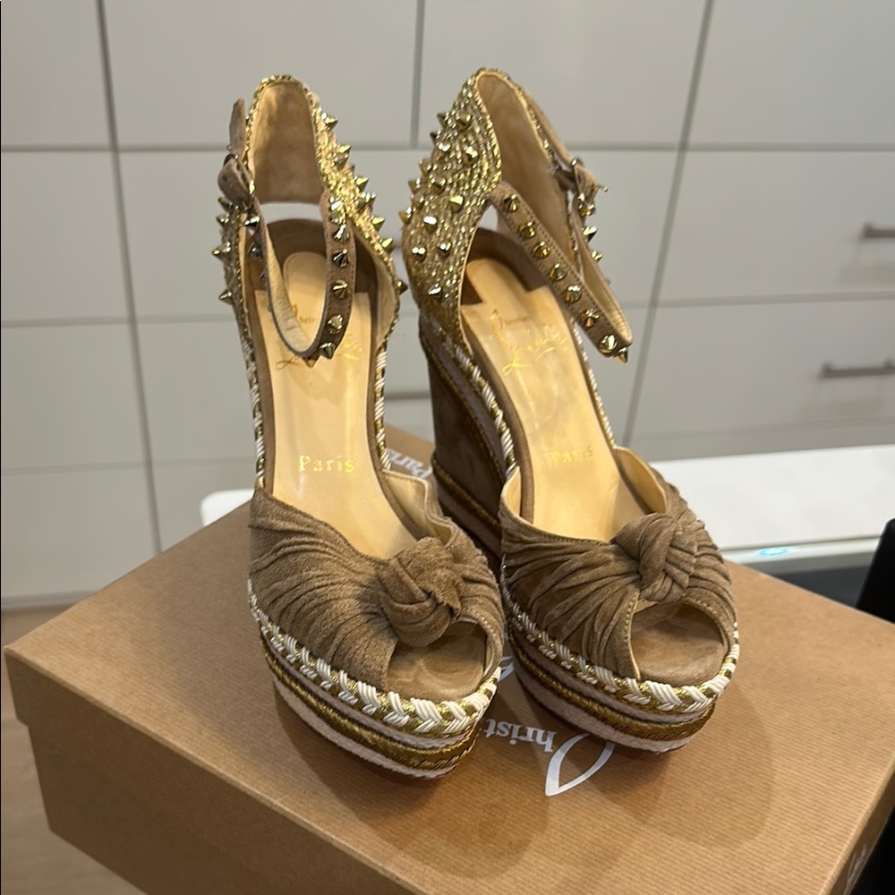 Christian Louboutin Brown and Gold Platform Shoes with Elegant Design